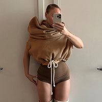 Women Clothing Autumn Winter Solid Color Casual Large Collar Sleeveless Contrast Color Drawstring Hooded Sweater Top