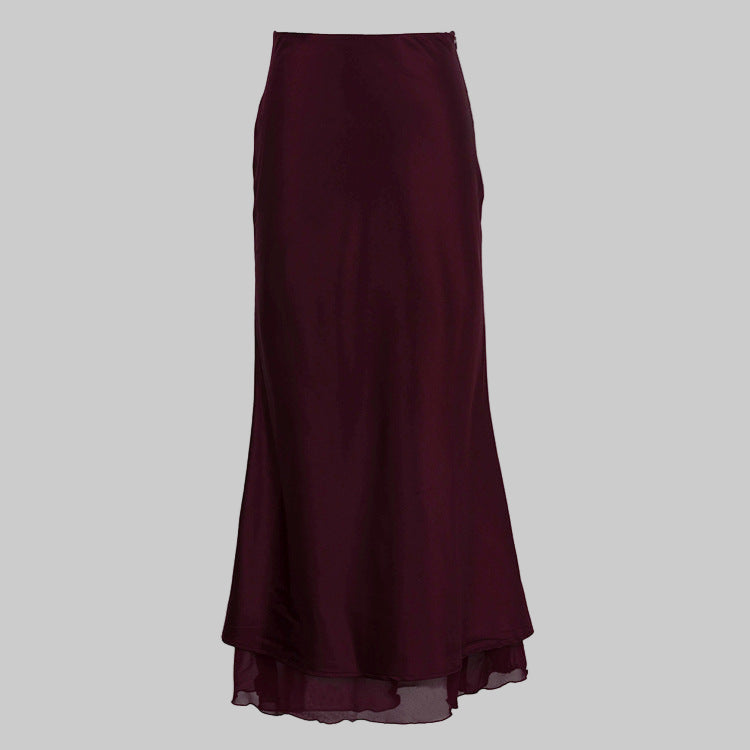 Women Clothing Satin Skirt Women Spring Summer Patchwork Mesh Double Layer Design Sheath - Modestly Vogue 