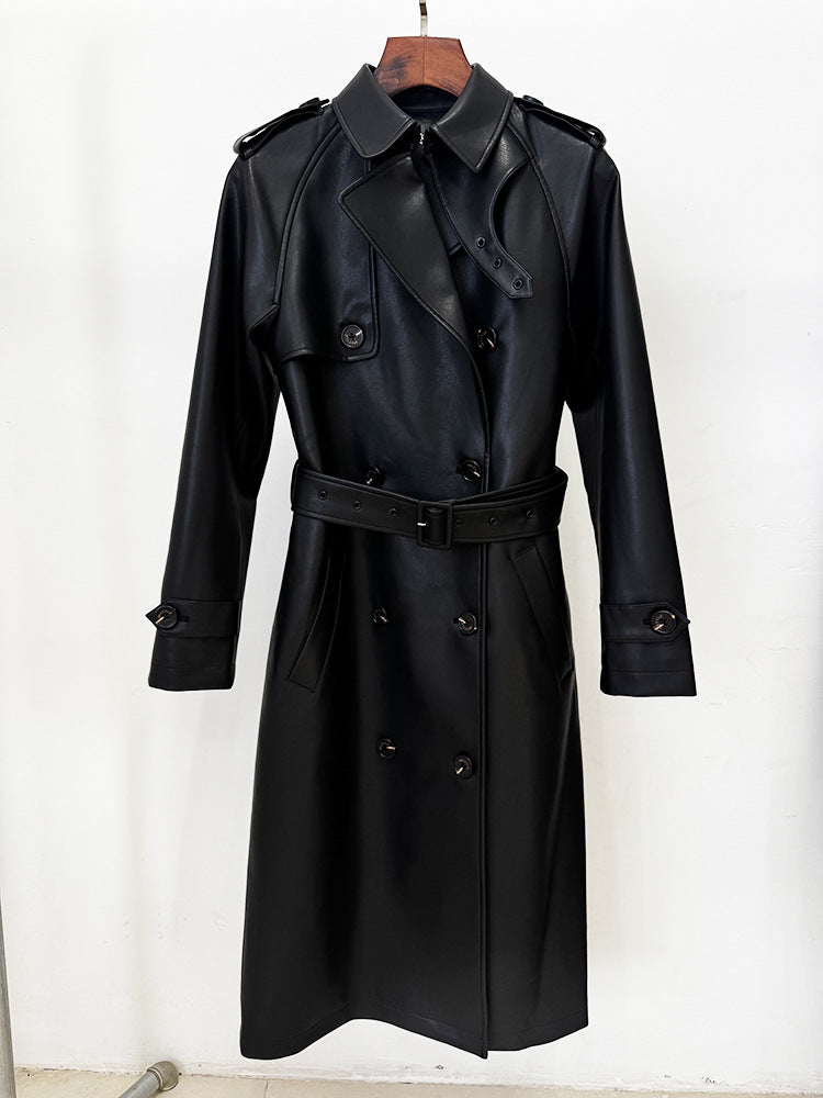 Double Breasted Belted Mid-Length Leather Trench Coat - Modestly Vogue 