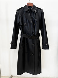 Double Breasted Belted Mid-Length Leather Trench Coat - Modestly Vogue 