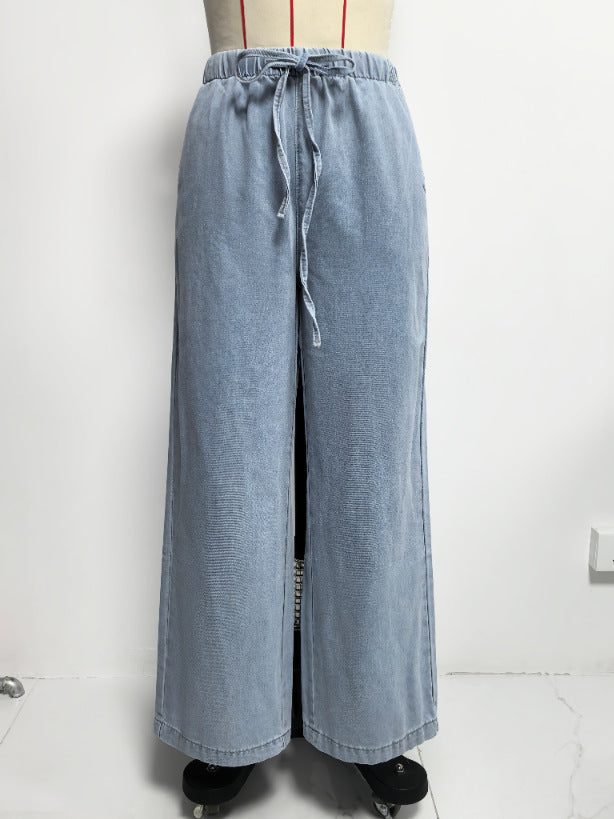Women Spring Summer Sleeveless Lace up Vest Lace up Wide Leg Jeans Denim Set - Modestly Vogue 