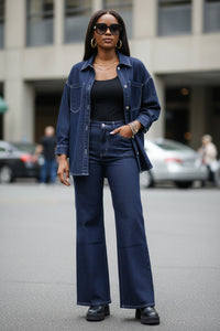 Women Clothing Personality Street Casual Slim Fit Shacket Denim Two Piece Sets - Modestly Vogue 