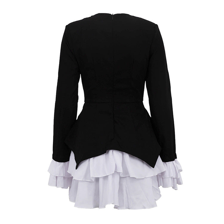 Black & White Color Contrast A-Line Dress – V Neck Flared Sleeves