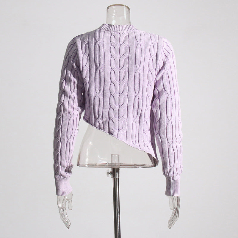 Pastel Idle Niche Irregular Asymmetric Hem Distressed Figure Flattering Short Sweater for Women