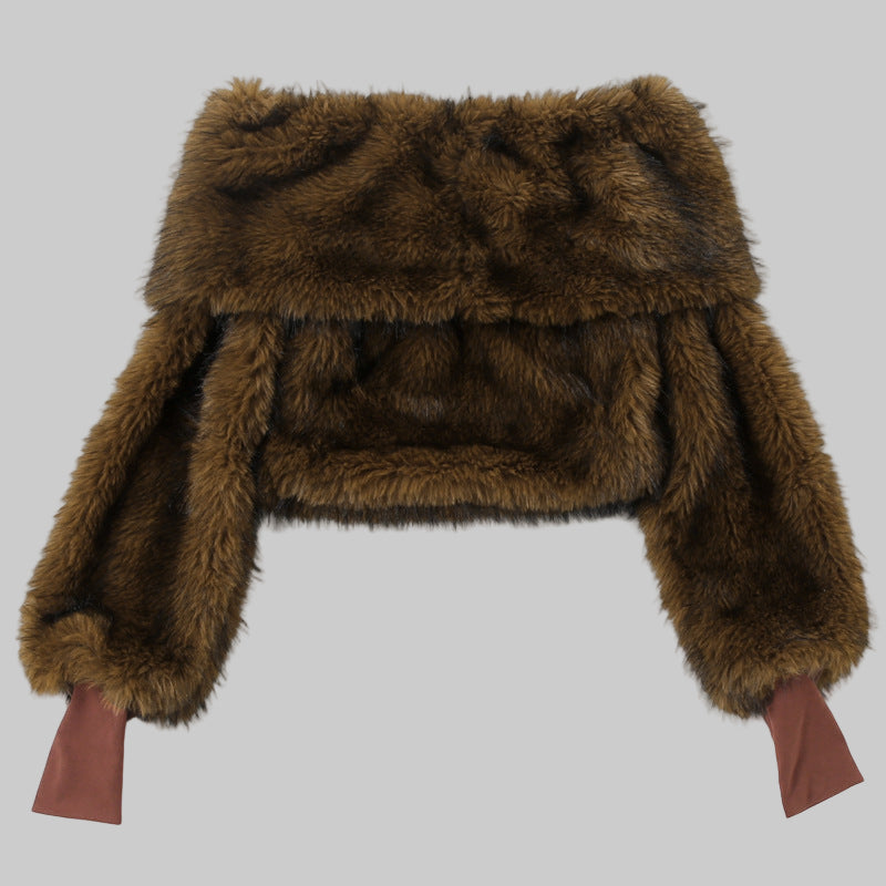 Brown Fur Cropped Of The Shoulder Loose Comfortable Plush Top - Modestly Vogue 