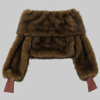 Brown Fur Cropped Of The Shoulder Loose Comfortable Plush Top - Modestly Vogue 