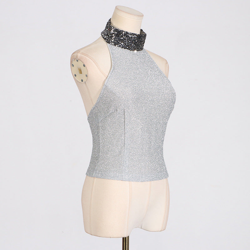 Halter Knitted Sequin Collar High Neck Tank Top - Modestly Vogue 