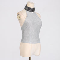 Halter Knitted Sequin Collar High Neck Tank Top - Modestly Vogue 
