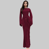 Women Clothing Autumn Pleated Waist Tight Lace up Long Sleeve Dress Women - Modestly Vogue 