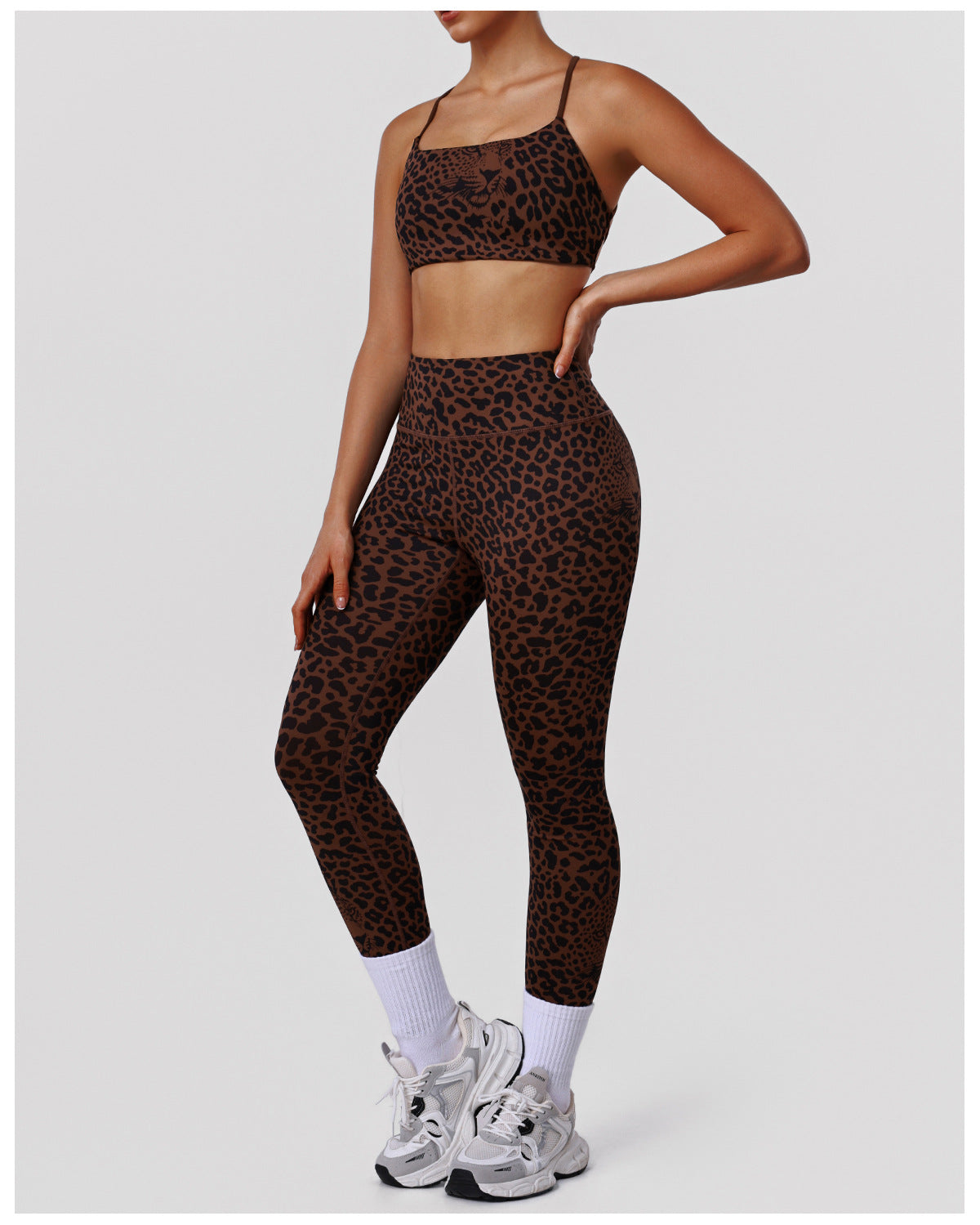 Leopard Print Tight Yoga Women High Waist Hip Raise Pants Thin Strap Beauty Back Exercise Bra Fitness Two Piece Sets - Modestly Vogue 