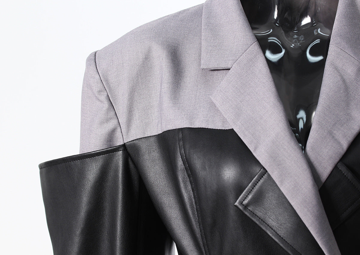 Women’s Faux Leather Stitching Blazer – Loose Autumn Jacket