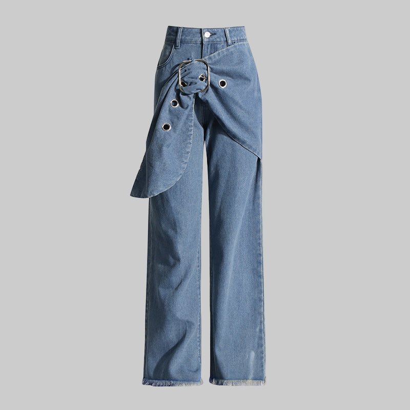 Blue Trendy Big Leaves Gold Accessories Stitching High Waist Wide Leg Jeans Women - Modestly Vogue 