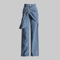 Blue Trendy Big Leaves Gold Accessories Stitching High Waist Wide Leg Jeans Women - Modestly Vogue 