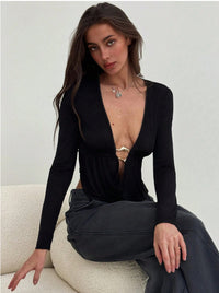 Black Hardware Plunging Neckline Top - Modestly Vogue 