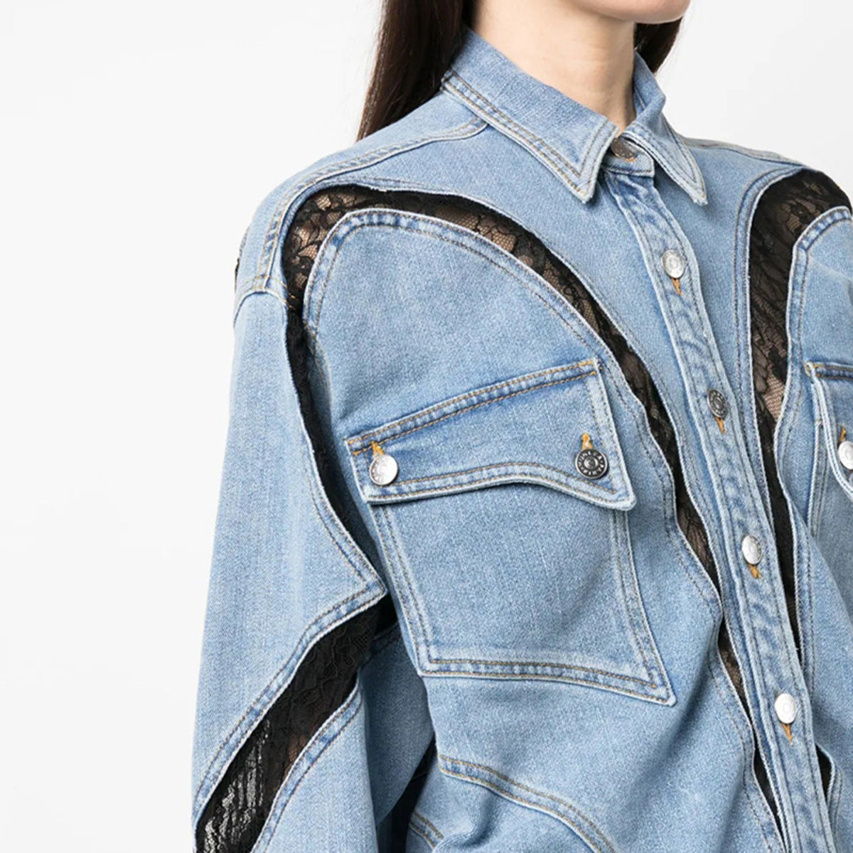 Blue Three Dimensional Split Shirt Spring Summer Lace Stitching Large Profile Shirt Denim Jacket Coat Women - Modestly Vogue 