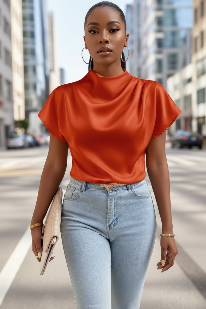 Women’s Pleated Satin Top – Round Neck Short Sleeve Blouse - Modestly Vogue 