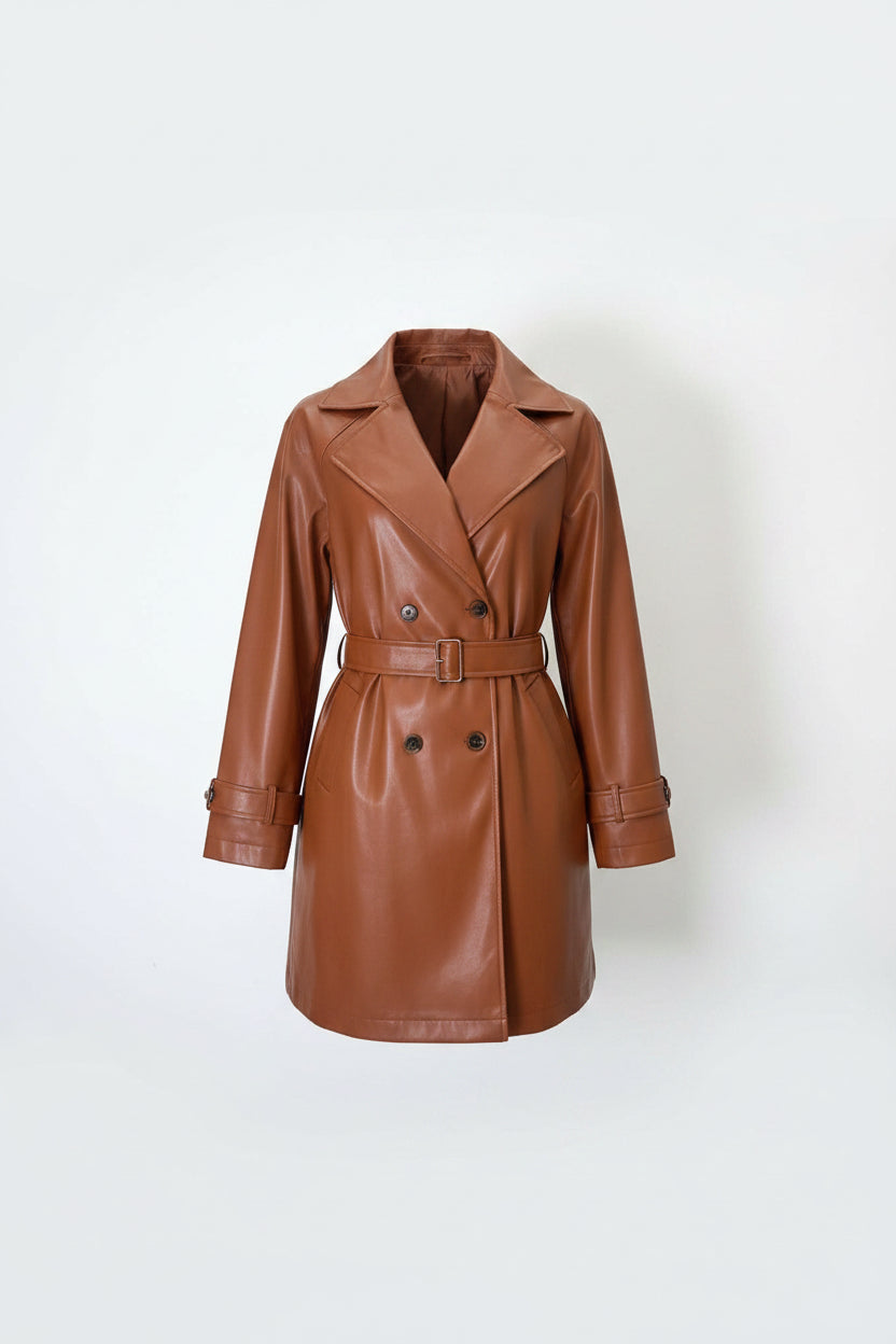 Design Brown Leather Coat Women Clothing Autumn Leather Jacket Mid Length Coat - Modestly Vogue 