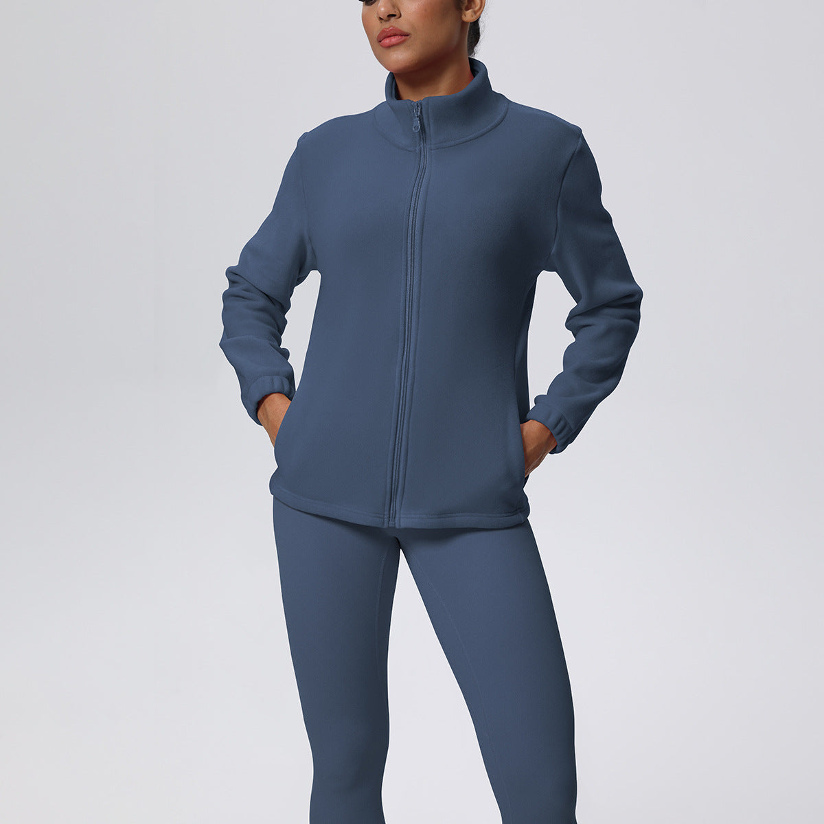 Women’s High Waist Yoga Suit with Long Sleeve Fleece Zipper Coat