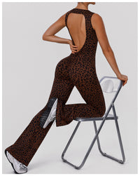 Leopard Print Hip Lifting Jumpsuit Backless Yoga Bodysuit Casual Sportswear with Chest Pad - Modestly Vogue 