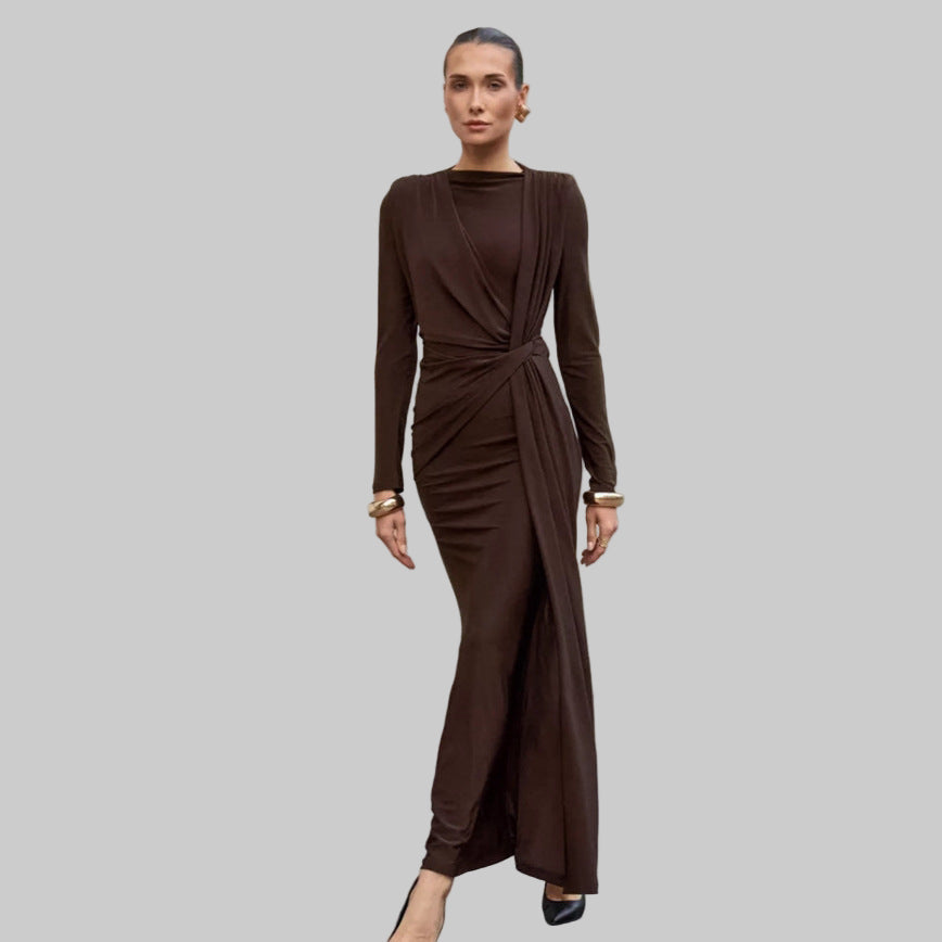 Elegant Ruched Twisted Maxi Bodycon Dress - Modestly Vogue 