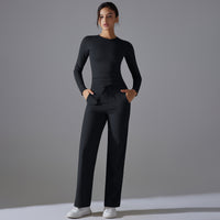 Nude Feel Skin Long Sleeve Yoga Workout Clothes Pocket Running Sports Drawstring Wide Leg Pants Sets - Modestly Vogue 