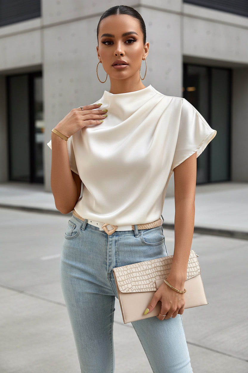 Women’s Pleated Satin Top – Round Neck Short Sleeve Blouse - Modestly Vogue 