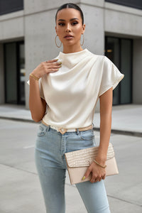 Women’s Pleated Satin Top – Round Neck Short Sleeve Blouse - Modestly Vogue 