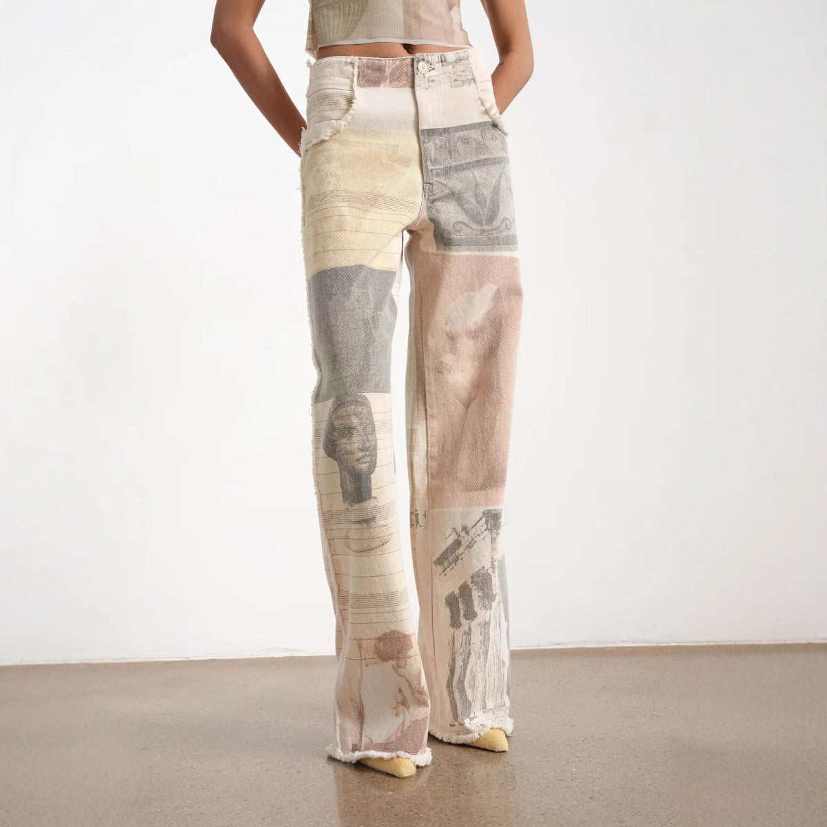 Retro Loose Print Wide Leg Straight Mop Denim Trousers Jeans
