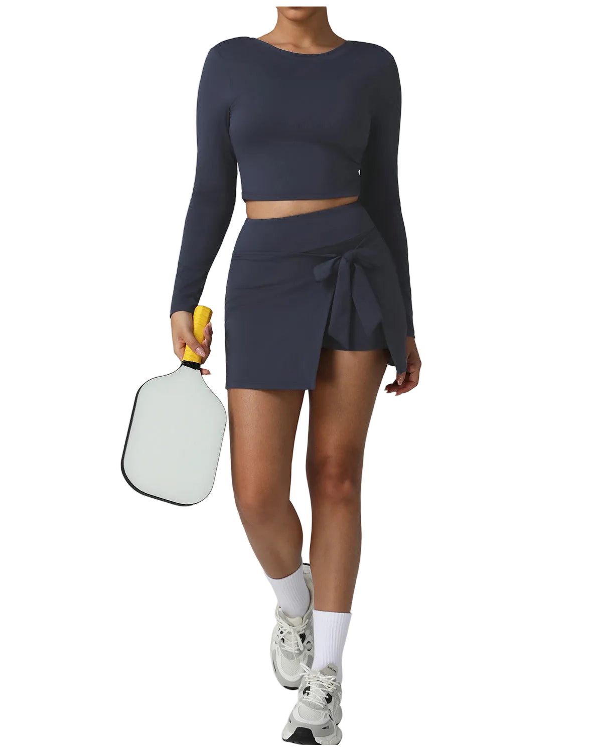 Nude Feel Tennis Women False Two Piece Skirted Leggings Slim Fit Sports Long Sleeved Top Set Outdoor Workout Clothes - Modestly Vogue 