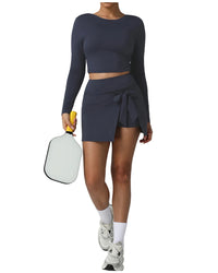 Nude Feel Tennis Women False Two Piece Skirted Leggings Slim Fit Sports Long Sleeved Top Set Outdoor Workout Clothes - Modestly Vogue 