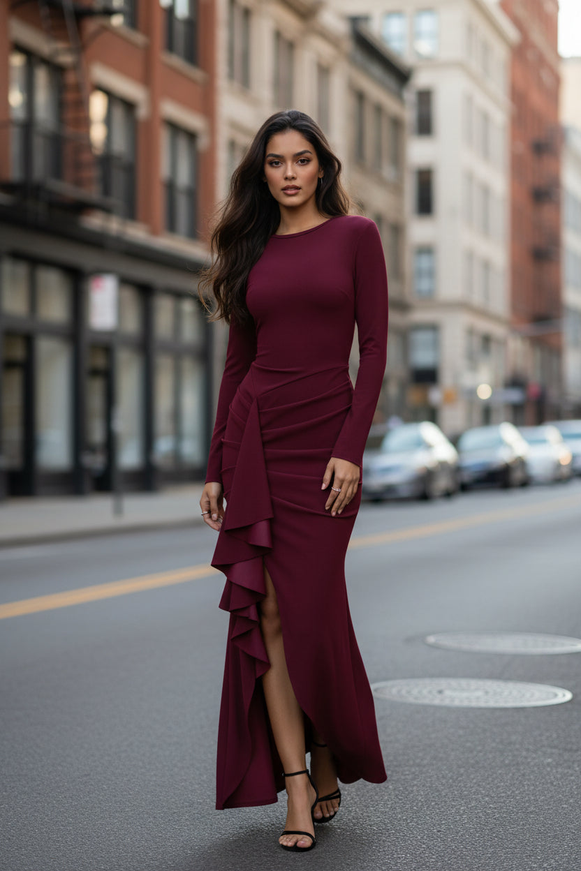 Private Wear Socialite Long Sleeve Thin Strap Slim Dress Autumn Winter Ruffled Maxi Dress - Modestly Vogue 