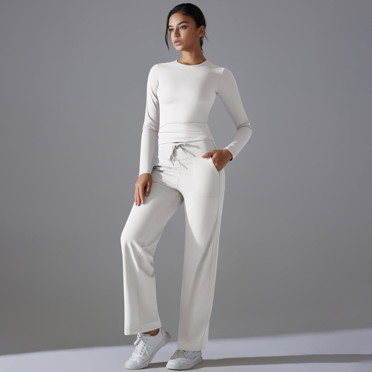 Nude Feel Skin Long Sleeve Yoga Workout Clothes Pocket Running Sports Drawstring Wide Leg Pants Sets - Modestly Vogue 