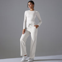 Nude Feel Skin Long Sleeve Yoga Workout Clothes Pocket Running Sports Drawstring Wide Leg Pants Sets - Modestly Vogue 