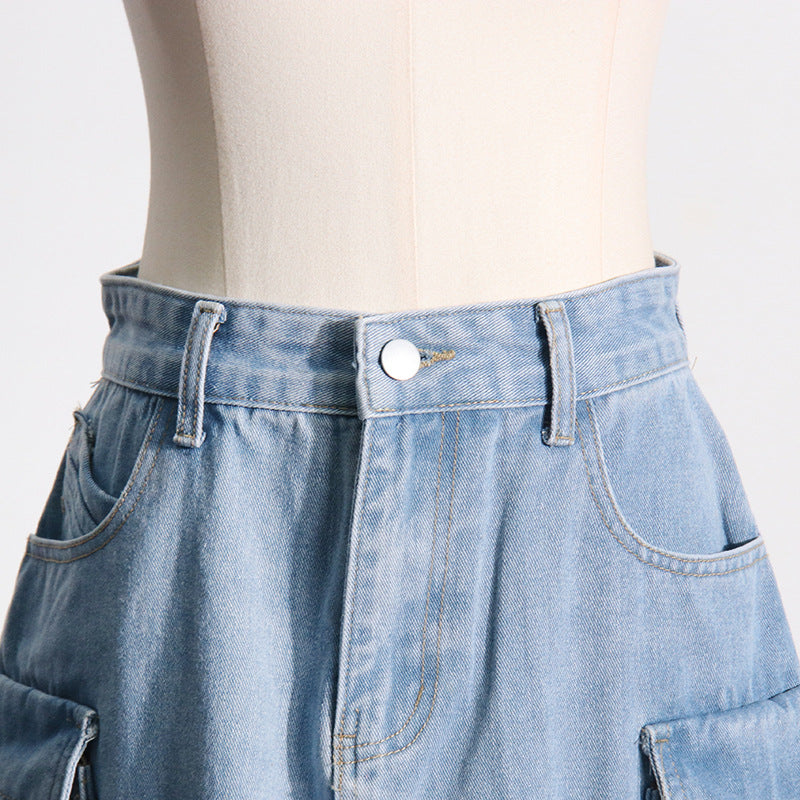 Distressed Retro Washed Denim Skirt – High Waist Multi-Pocket - Modestly Vogue 