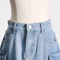 Distressed Retro Washed Denim Skirt – High Waist Multi-Pocket - Modestly Vogue 