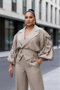 Office Casual Large Collared Pleated Sleeves Work Pant Two Piece Sets - Modestly Vogue 