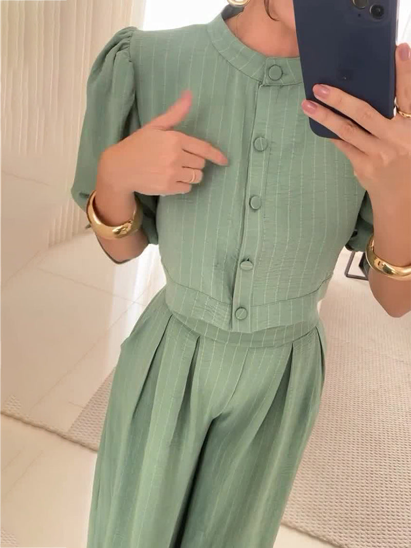 Summer Striped Half Sleeve Top Trousers Suit Women Clothing - Modestly Vogue 