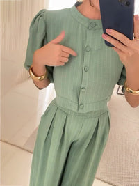 Summer Striped Half Sleeve Top Trousers Suit Women Clothing - Modestly Vogue 