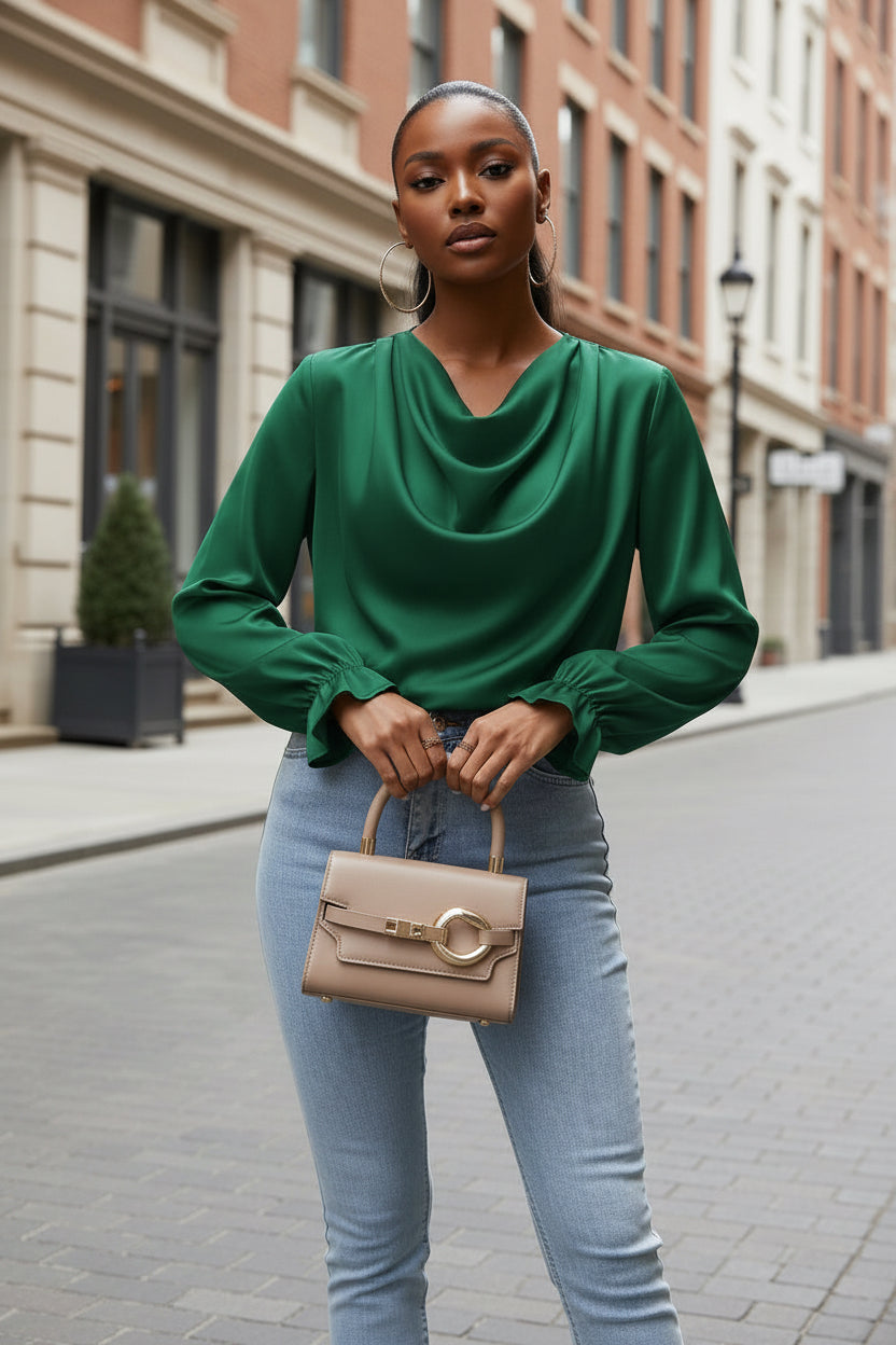Women’s Ruffle Sleeve Satin Shirt – Elegant Long Sleeve Blouse - Modestly Vogue 