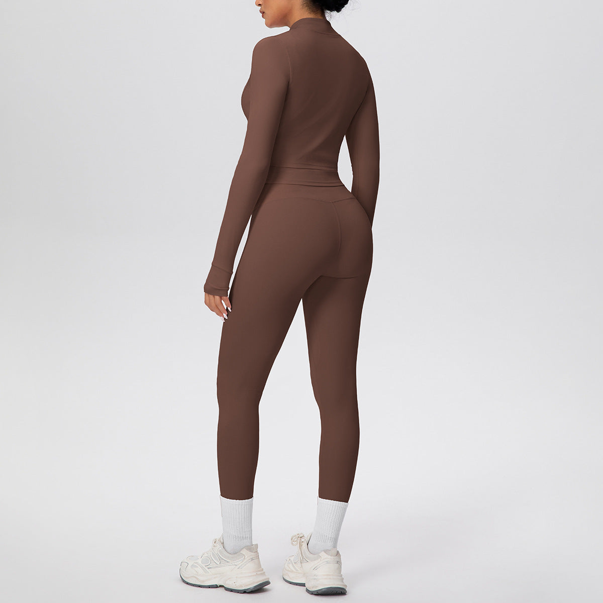 Women Solid Color Zip Long Sleeve Three Piece Yoga Set - Modestly Vogue 
