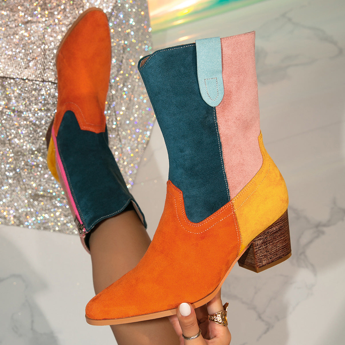 Women Pointed Toe Colorblock Western Boots Side Zipper Warm Lining Low Heel Middle Boots