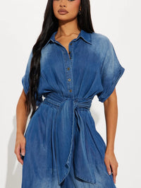 Polo Collar Breasted Lace up Short Sleeve Loose Wide Leg Denim Jumpsuit - Modestly Vogue 