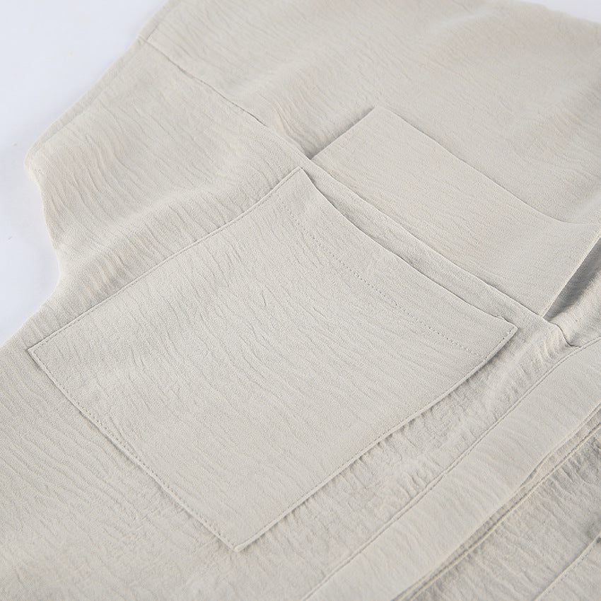 Light Khaki Textured Lace Up Waist Jumpsuit Short Sleeve Jumpsuit - Modestly Vogue 