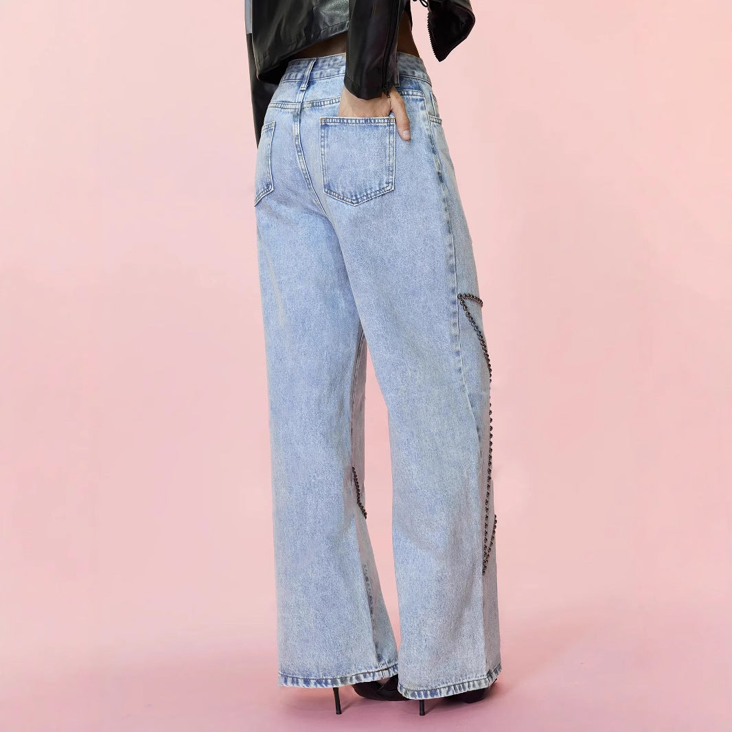 Women Clothing Loose Retro Beaded Jeans Trousers - Modestly Vogue 