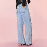 Women Clothing Loose Retro Beaded Jeans Trousers - Modestly Vogue 