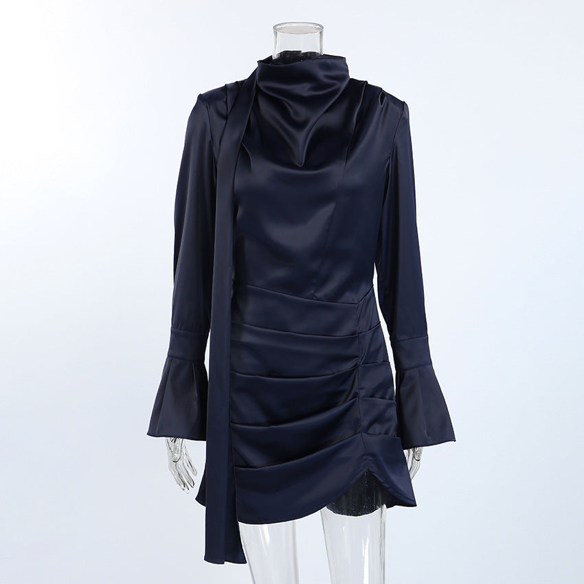 Autumn Winter Irregular Asymmetric Navy Blue Long-Sleeved Dress Women Slim Slimming Sheath - Modestly Vogue 