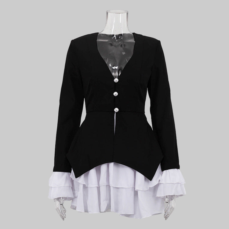 Black & White Color Contrast A-Line Dress – V Neck Flared Sleeves