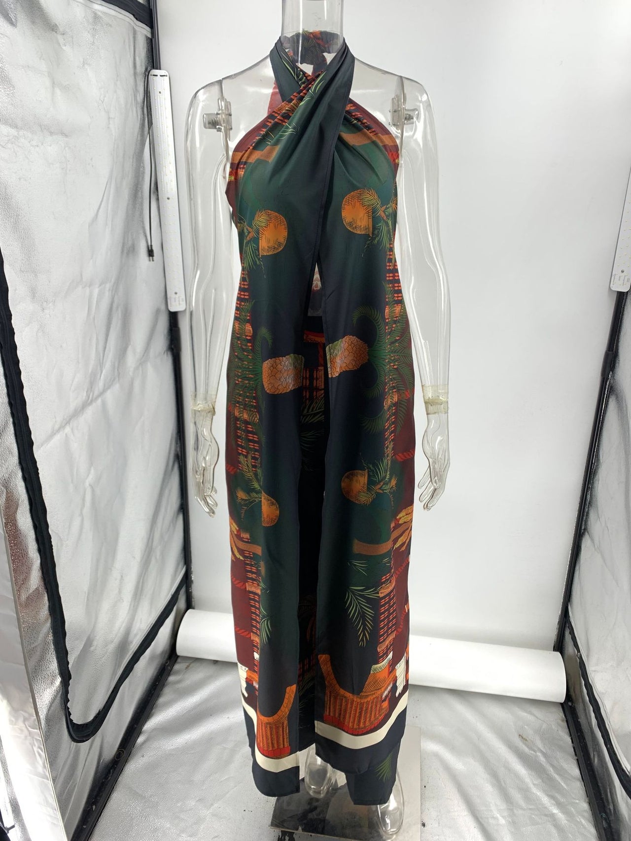 Summer Vintage Print Straight Wide Leg Pants Cross Halterneck Top Two Piece Sets - Modestly Vogue 