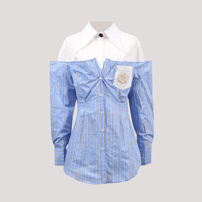 Blue Simple Office Top Women Summer Comfort Faux Two Pieces Casual Striped High Grade Women Shirt - Modestly Vogue 