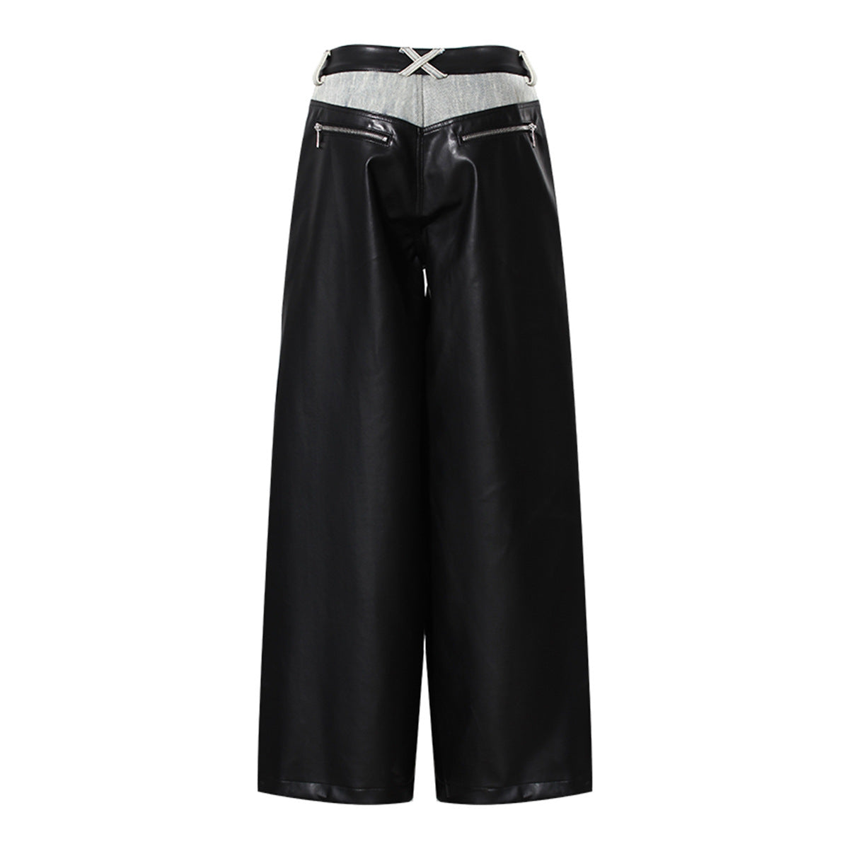 Niche Contrast Color Jeans Women Winter Thick Loose Retro Washed Stitching Contrast Color Leather Wide Leg Pants - Modestly Vogue 